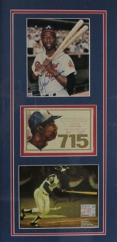 Hank Aaron Signed 715 Home Run Display With two Signatures of Aaron and #715 Ticket